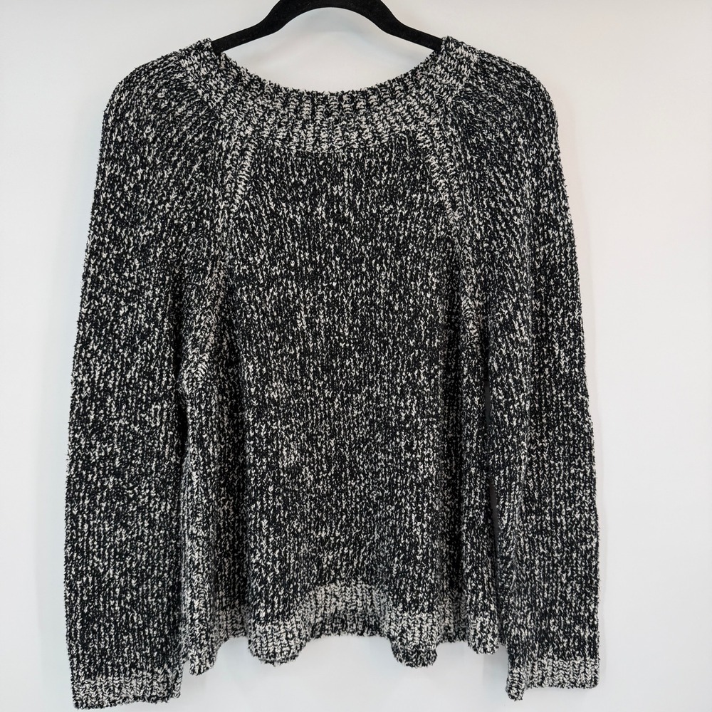 Eileen Fisher Organic Cotton Marled Knit Sweater Black White Large F18UBT